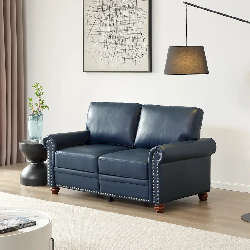 Navy Blue Faux Leather Loveseat Sofa, 2-Seater