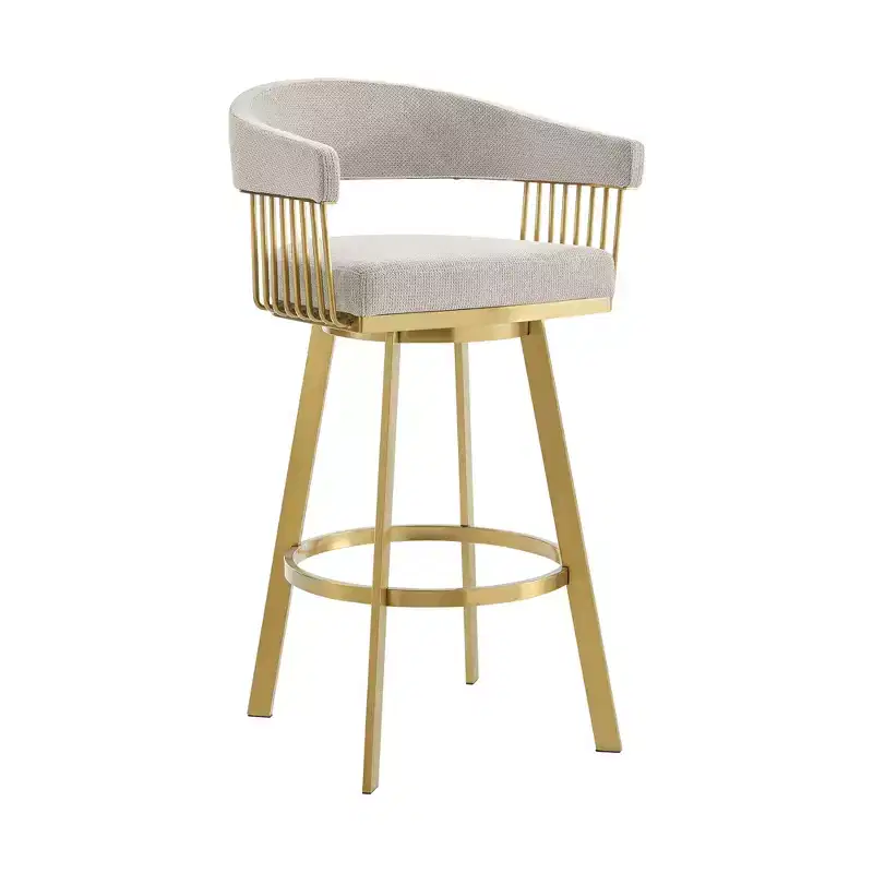 HomeRoots 26 Taupe and Gold Fabric and Stainless Steel Low Back Counter Height Swivel Bar Chair