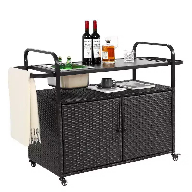 NAYSAYE Bar Serving Cart Outdoor Wicker Table with Cabinet and Steel Top for Patio , Black, 51.57*19.69*35.83