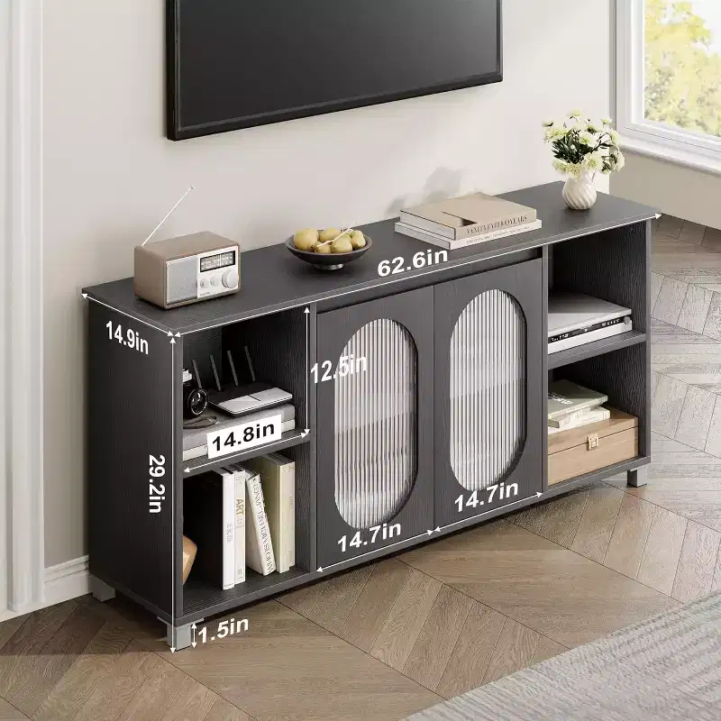 Modern TV Stand for 60/65/70 Inch TV, Media Console Cabinet with 2 Corrugated Glass Cabinet Doors, 4 Open Shelves, Entertainment Center with Storage