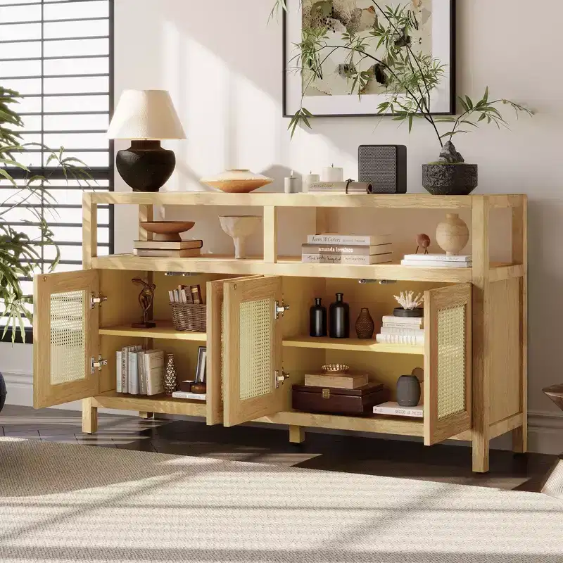 Bohemian Rattan Buffet Cabinet with Wood Frame and Push to Open Design Black