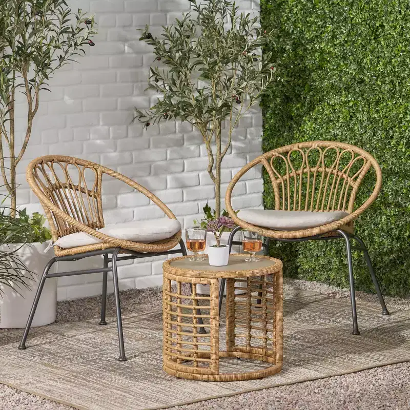 Christopher Knight Home Specter Outdoor Wicker and Tempered Glass 3 Piece Chat Set with Cushion, Light Brown/Beige