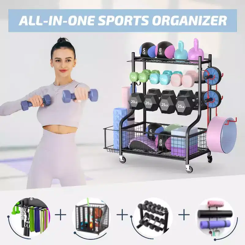 Dumbbell Rack Weight Storage for Dumbbells, Kettlebells, Yoga Mat & Balls, with Wheels & Hooks, Powder-Coated Steel