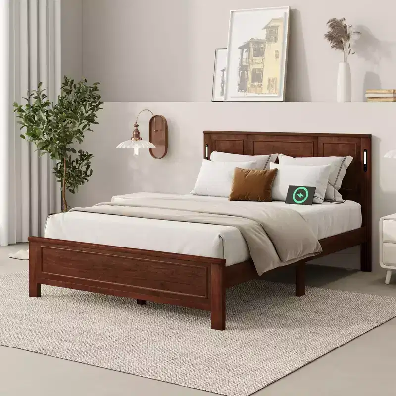 Clihome Farmhouse Bed Frame with Tall Headboard, LED Lights & USB Charging Station