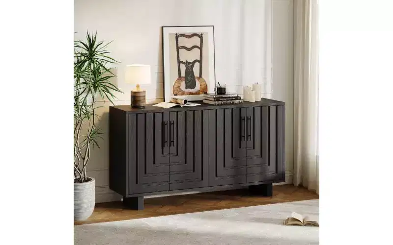 59-inch Modern Black Sideboard with 4 Doors – Ash Veneer & Metal Handles