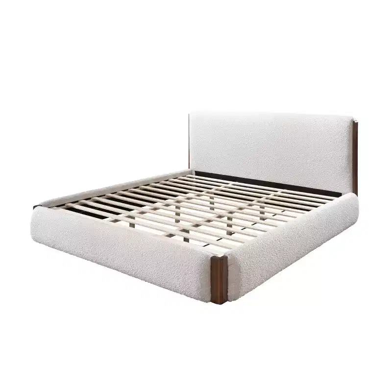 88.98 Queen Bed Sandro Bed White Boucle & Walnut Finish - Acme Furniture: Linen Upholstery, Chrome Frame, No Tools Assembly