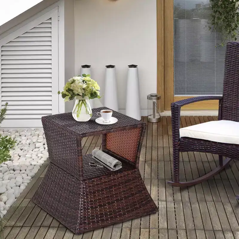 Outdoor Side Table with Umbrella Hole, 2 Tier Rattan Wicker End Table with Storage Shelf, All Weather for Outdoor, Patio, Garden
