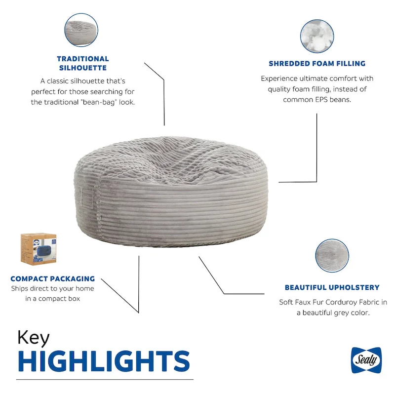 Sealy Kade 6ft Faux Fur Foam Bean Bag