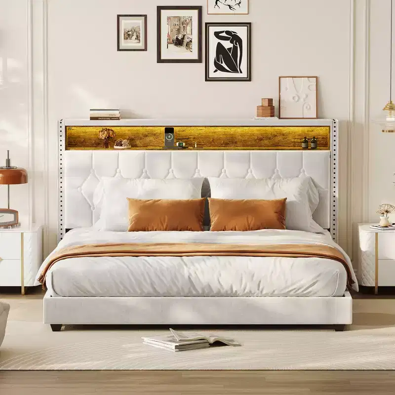 CuisinSmart Bed Frame, Upholstered Platform Bedframe with Headboard & Charging Station, No Box Spring Needed, Easy Assembly, Wood Slat Support