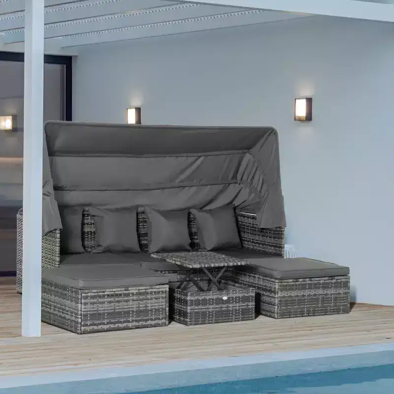 Outsunny 4 Piece Adjustable Canopy Outdoor Rattan Sofa Set, Wicker Patio Furniture Set with Height Adjustable Coffee Table & Cushions, Gray