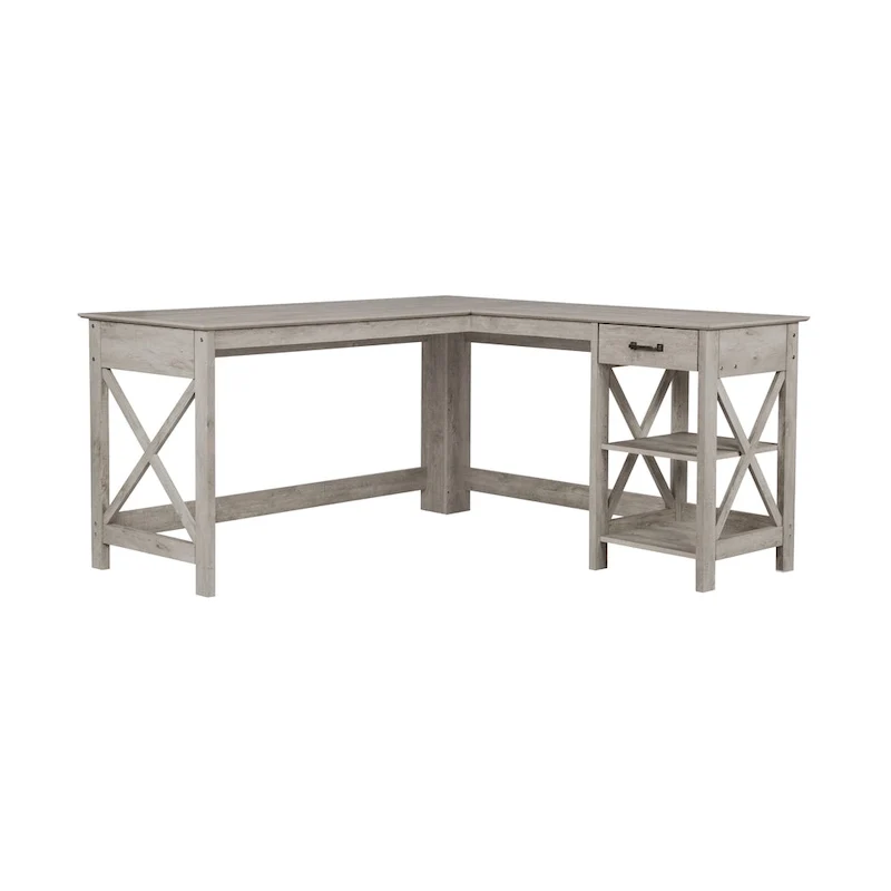 Honduras Washed Gray L-Shape Desk with 1 Drawer and 1 Open Shelf