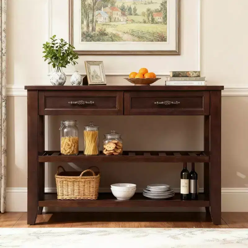 Hostack 42'' Console Table Sideboard with 2 Storage Drawers and 2 Tiers Shelves for Living and Dining Room, Espresso