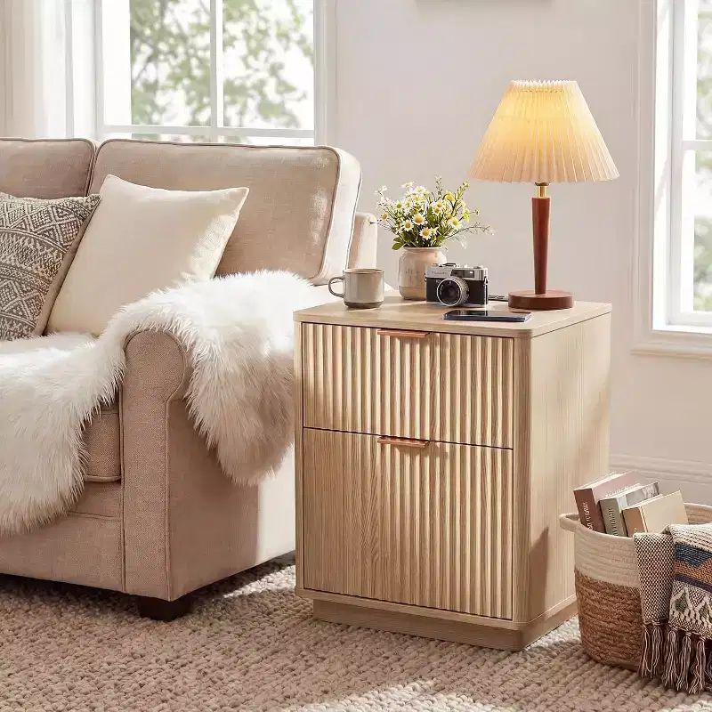 Modern Nightstand with Charging Station, 2 Drawer Fluted Design Bedside Table with Outlets USB for Bedroom Living Room