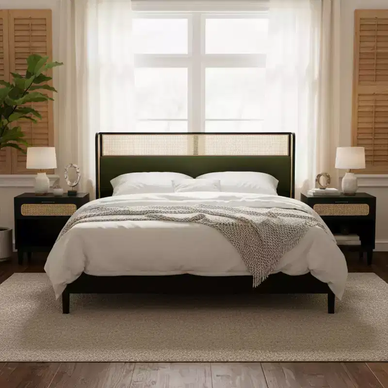 Christopher Knight Home Megan Contemporary Wooden Bed Frame with Rattan Upholstered Headboard