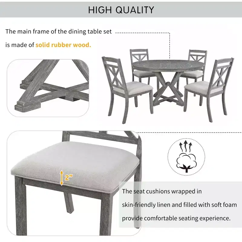 Whisen 5-Piece Extendable Wood Dining Table Set with 4-Upholstered Chairs