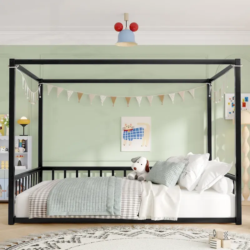 Iron House Bed Frame with Side Guardrails – Full / Queen / Twin