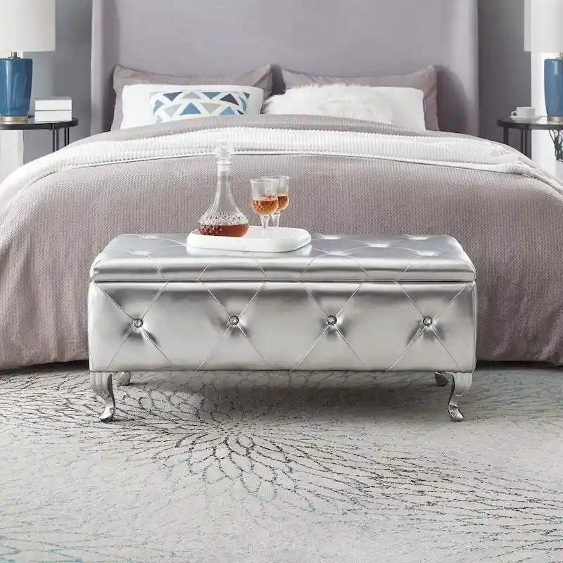 Upholstered Storage Ottoman Bench For Bedroom End Of Bed Storage Benches Footrest With Crystal Buttons For Living Room Entryway