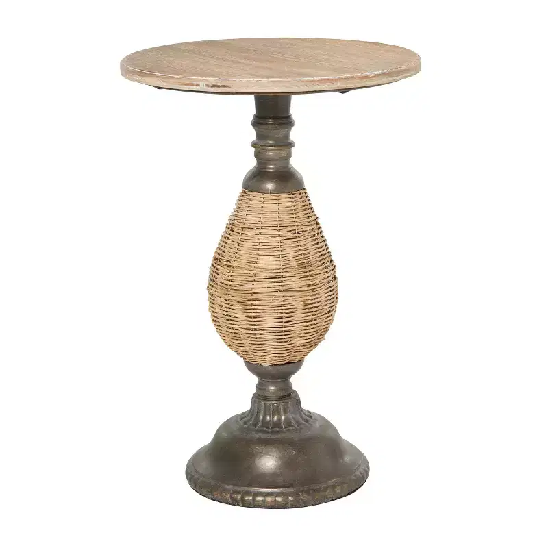 Farmhouse Metal Woven Pedestal Accent Table Brown - Olivia & May: No Assembly, Round Wood Top