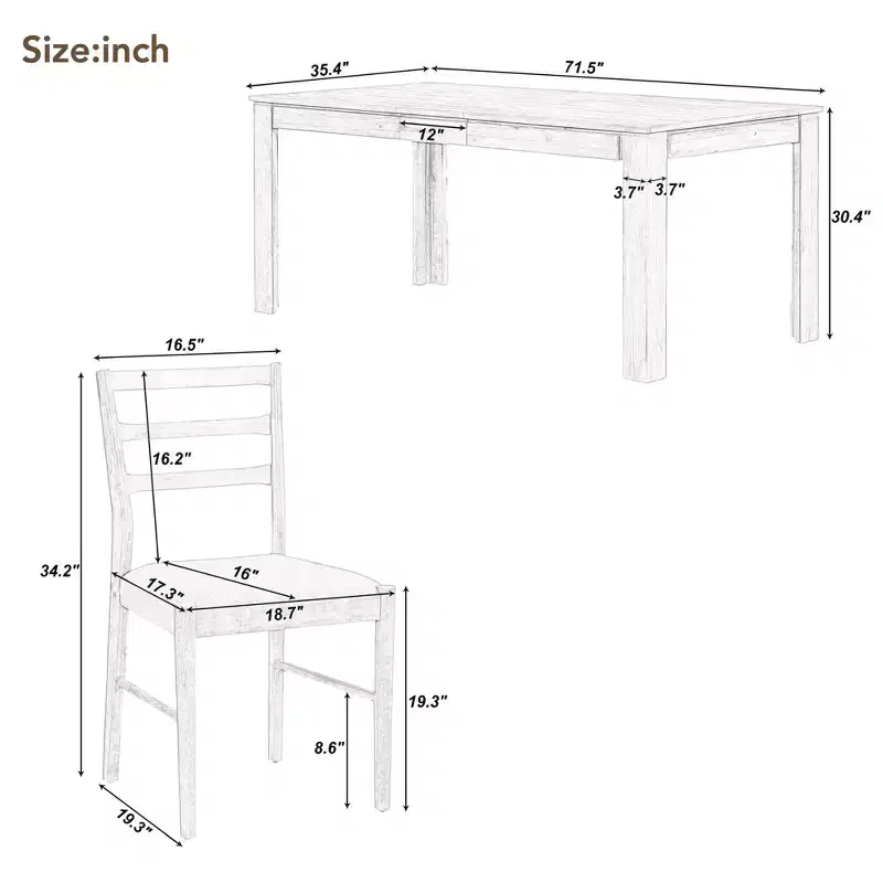 Whisen 7-Piece Wooden Dining Table Set Mutifunctional Extendable Table,12 Leaf and 2 Drawers, 6 Dining Chairs