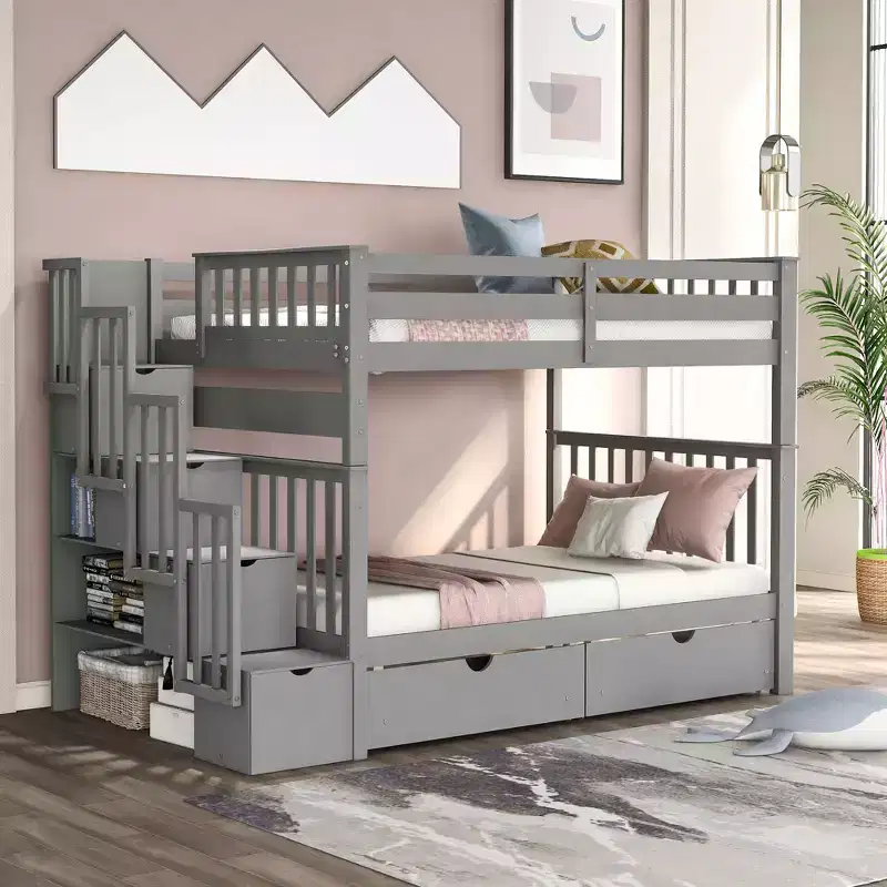 Full Over Full Bunk Bed with Shelves and 6 Storage Drawers