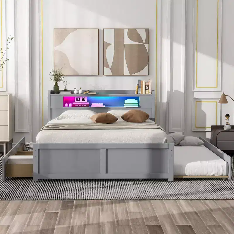 Whisen Queen Size Wood Storage Platform Bed with LED, 2 Drawers and 1 Trundle