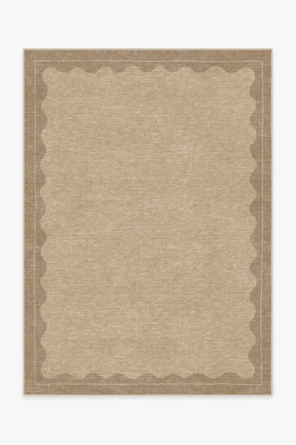 Modern Minimalist Flatwoven Rug with Washable Tan Scallop Frame Hand-Knotted Look for Bedroom & Living Room