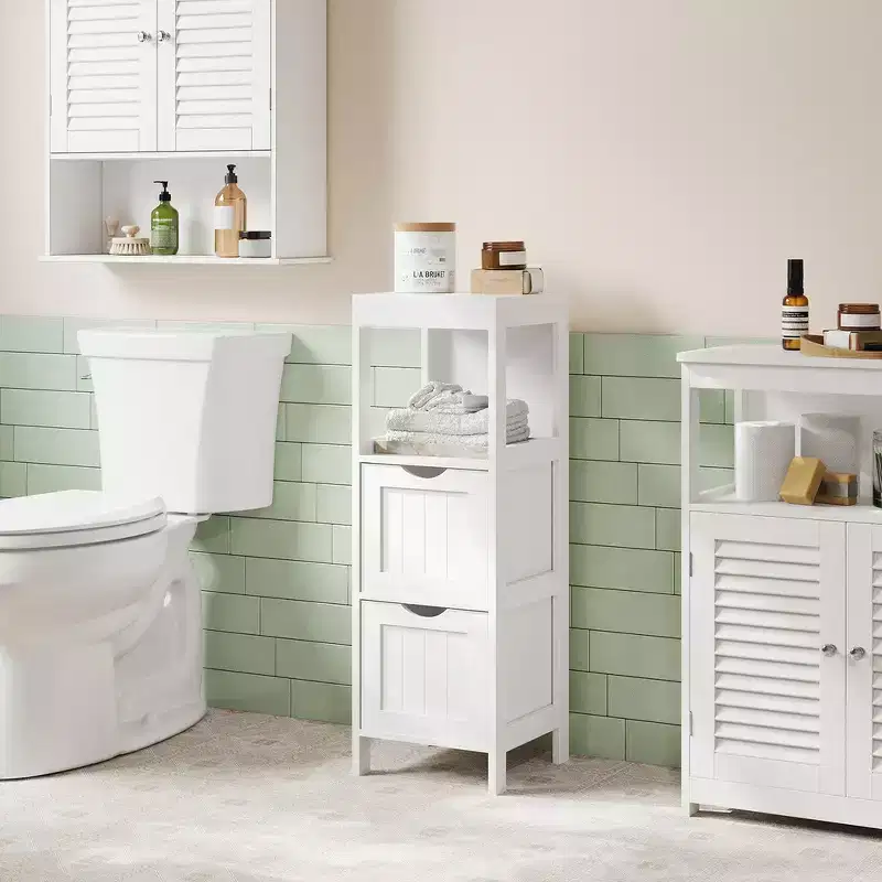Slim Bathroom Floor Cabinet with 2 Drawers and Open Shelf - White