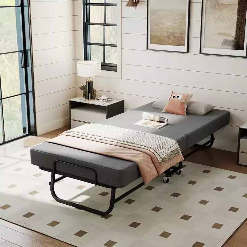 Portable Foldable Bed with Memory Foam Mattress, Locking Wheels & Breathable Linen Cover for Adults