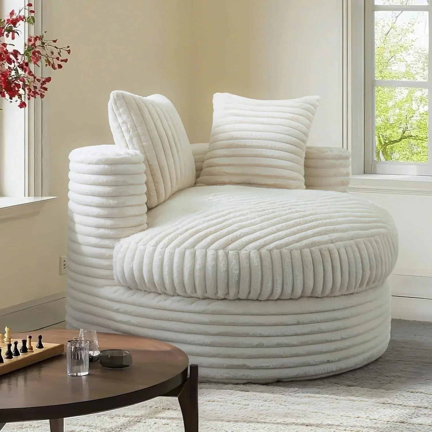 WOWMAX 47 Round Chaise Lounge Chair Indoor, Upholstered Corduroy Floor Sofa Oversized Sleeper Chair with 2 Throw Pillows