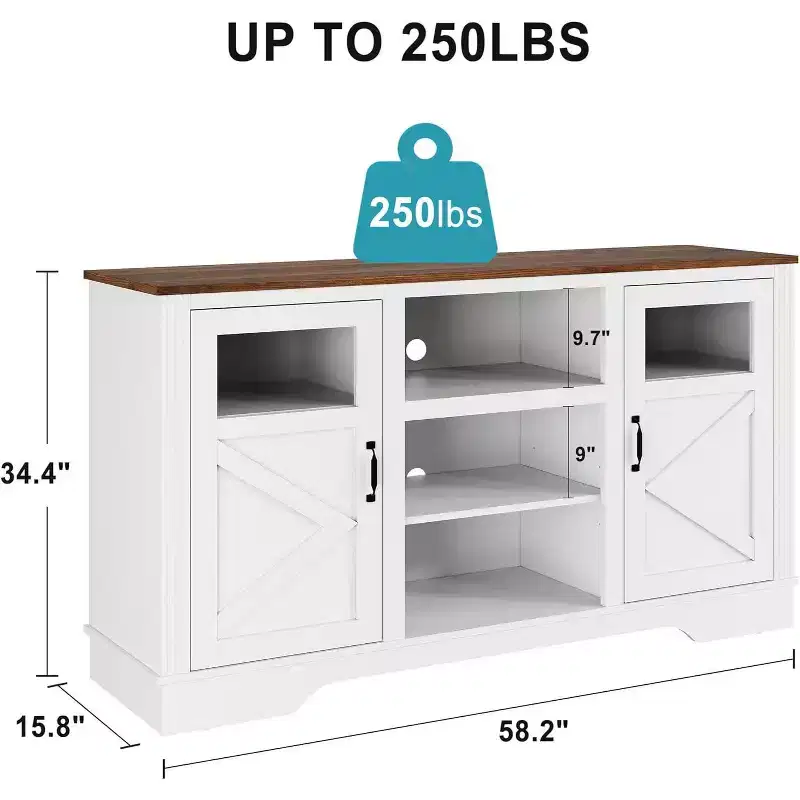 Acekool Farmhouse TV Stand with LED Lights, Elegant Entertainment Center for 65 Inch TVs, with Storage Cabinets and Open Shelves