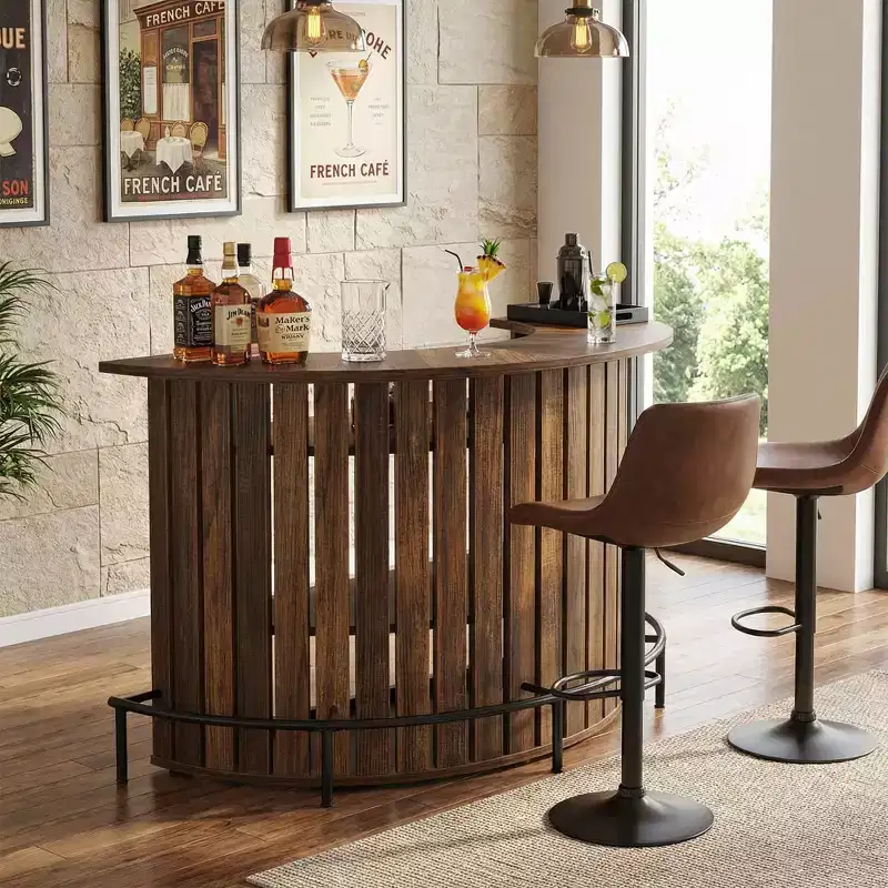 MAYEERTY Arc-Shaped 4-Tier Storage Mini Bar Table, Modern Rustic Home Bar Cabinet with Footrest & MDF Construction