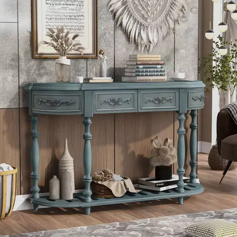 52IN Vintage Curved Console Table with Exquisite Carvings, Entryway Table with 4 Drawers and 1 Shelf, Accent Table for Living Room, Blue