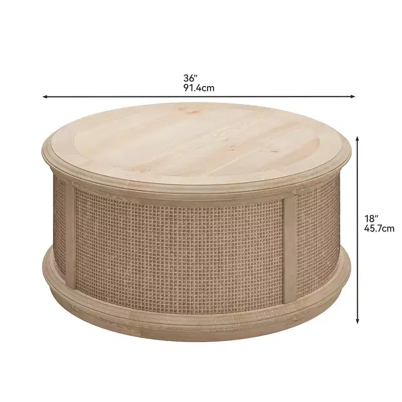 Round Rattan Drum Lift Top Coffee Table End Table Side Table for Living Room Storage Space