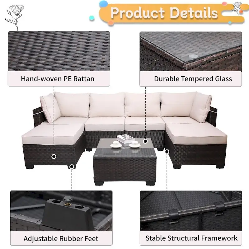 7-Piece Rattan Wicker Cushioned Sofa Sets with Coffee Table
