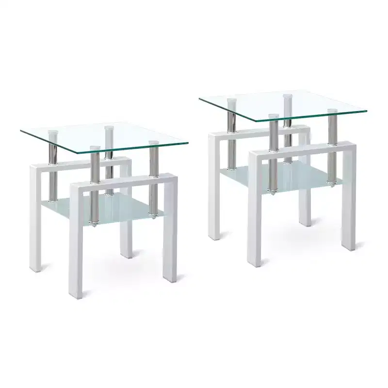 Set of 2 White Tempered Glass End Tables, 2-Tier with Storage