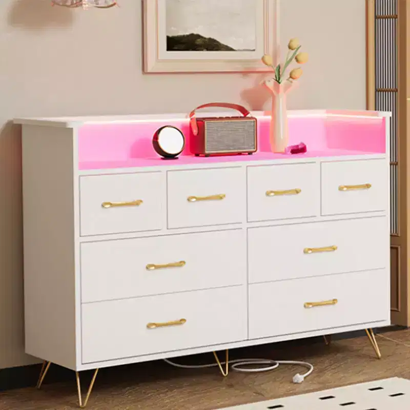 8-Drawer Dresser with Power Outlet, LED Lights & Gold Handles, Modern Wood Chest, White