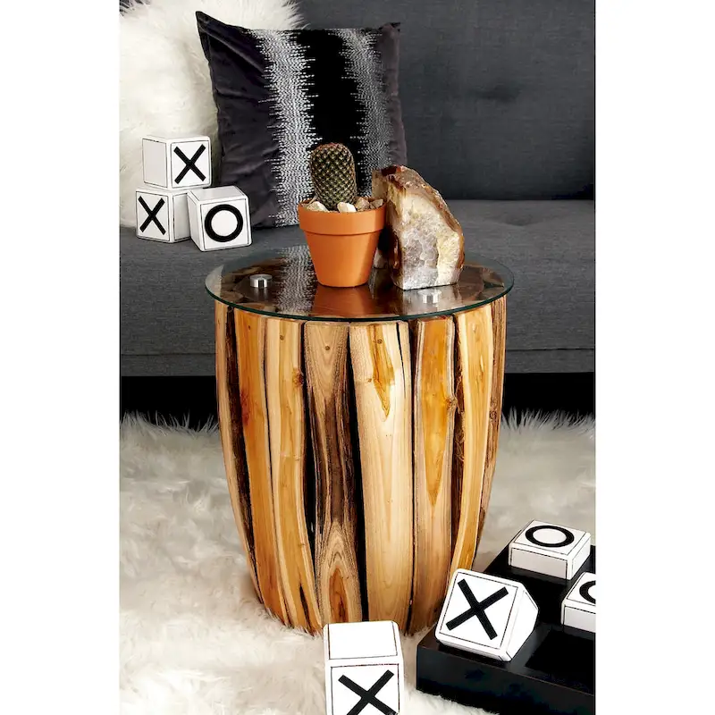 Teak Wood Handmade Accent Table with Clear Glass Top - Brown -  - 16Wx16Lx18H