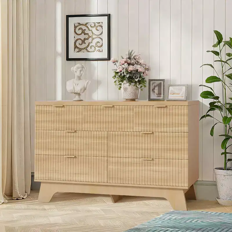 Mid Century Modern 7 Drawer Dresser for Bedroom - 47 Inch Wide Oak Chest with Gold Handles - Fluted Wood Storage Cabinet - Multipurpose for Closet