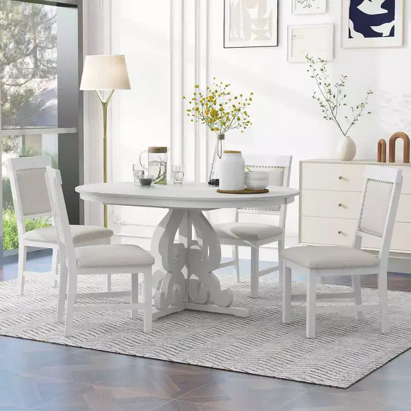 5 Piece Retro Dining Set with Extendable Table and 4 Upholstered Chairs, 16 Inch Leaf, Ideal for Kitchen and Dining Room