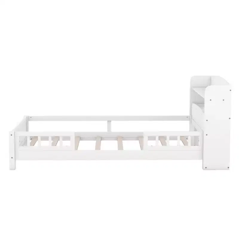 Platform Bed with Storage Shelves LED Light Headboard Guardrail Platform Bed Frame Support No Box Spring Needed White Twin Size