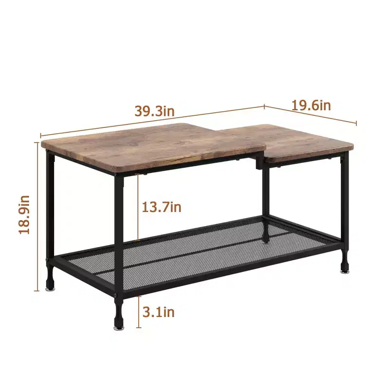 GustoWave Small Wood Coffee Table, 2-Tier Center Table with Mesh Shelf Storage for Living Room, Bedroom, Office, Rustic Brown