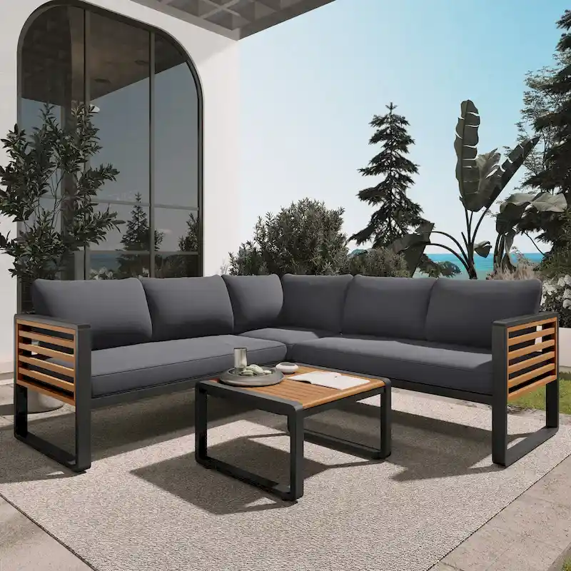 4 Piece Outdoor Patio Furniture Set, Patio Sectional L-shaped Sofa Set with Soft Cushion and Rectangular Coffee Table