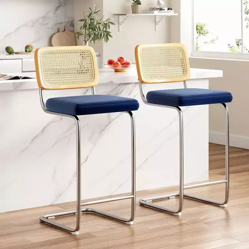 PexFix 2Pcs Counter Height Bar Stools Upholstered Velvet Barstools with Rattan Back 30 Height Stools Armless Bar Chairs for Kitchen Island Blue