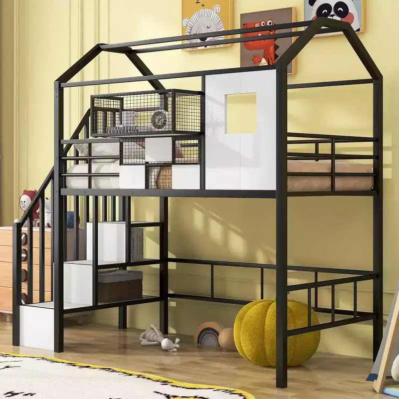 93.7IN Metal Loft Bed with House Roof Design, Bed Frames with Storage Shelves and Basket, Twin Bed for Living Room, Bedroom