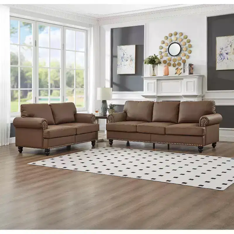 MAYEERTY Modern Sectional Sofas Classic Design with Nails Liing Room 5 Seaters Faux Leather Upgolstered Brown