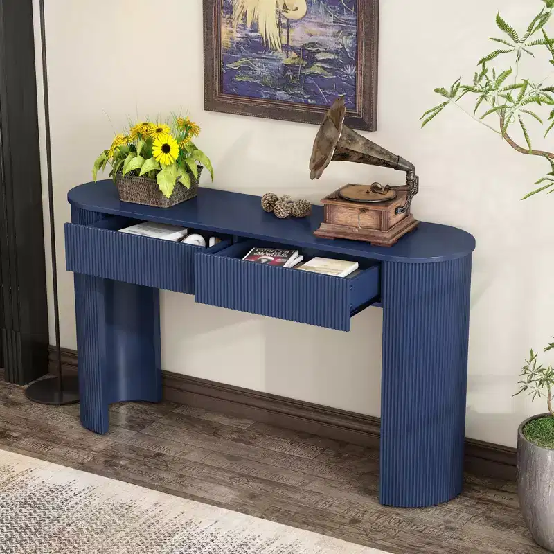 54IN Modern Console Table with Fluted Design, Entryway Table with 2 Storage Drawers and Oval Top, Accent Table for Hallway, Living Room, Navy