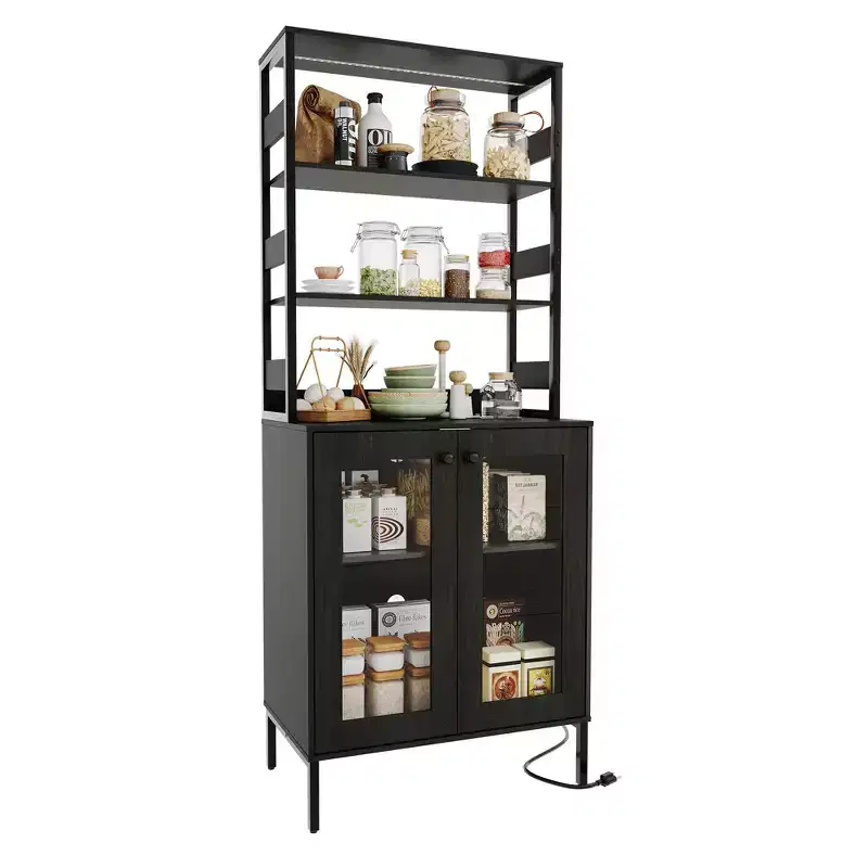 Multi-Function Kitchen Pantry Cabinet with Outlets, LED Lights & Glass Door Storage, 67