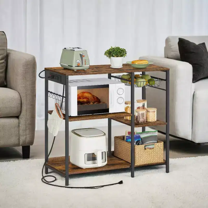 Baker's Rack Coffee Bar Stand with Charging Station, Pull-Out Wire Basket & Adjustable Shelves, 400 lbs