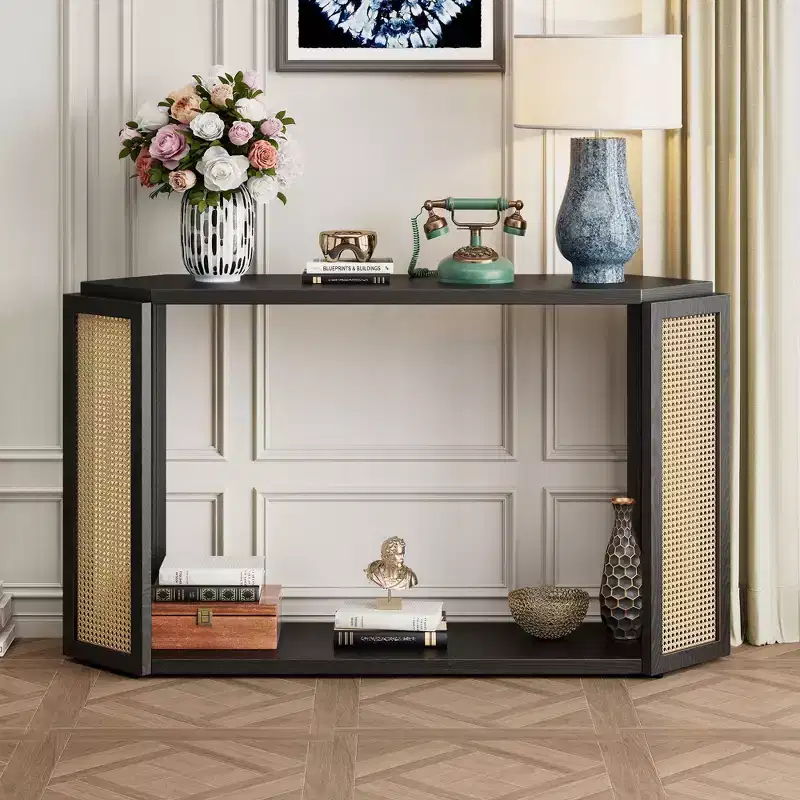 53.54IN Farmhouse Entryway Table with Hexagon Top Design, Console Table with Rattan Decorated Legs, Accent Table for Living Room, Foyer, Black