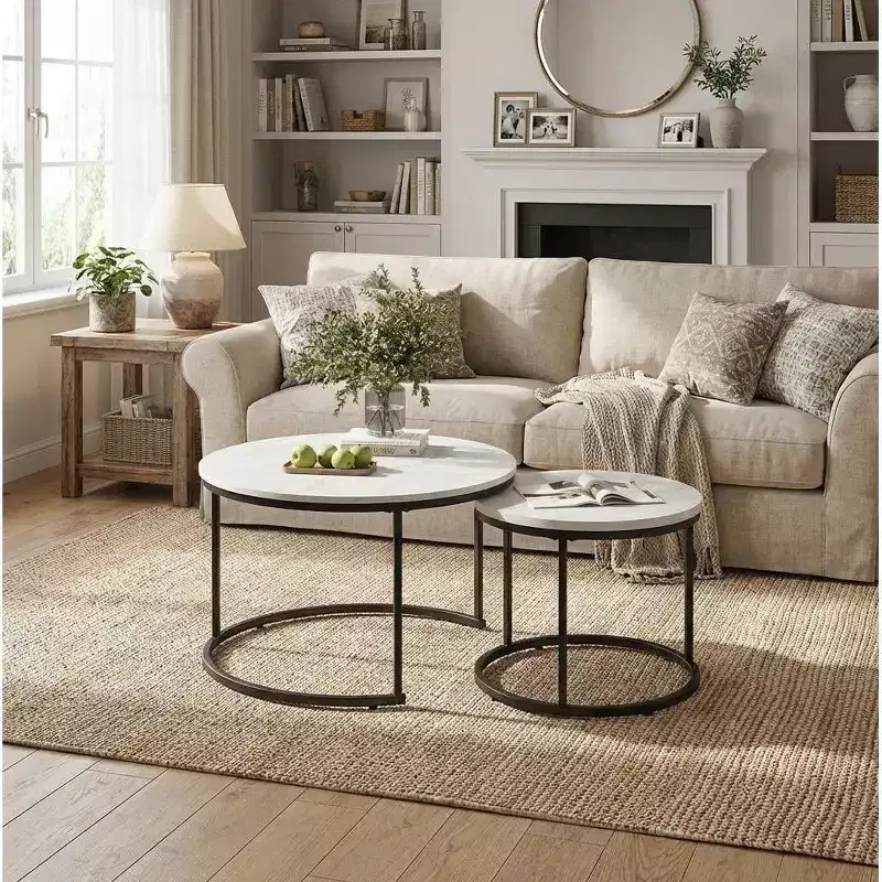 Nesting Coffee Table Set of 2, 27.6 Round Wood Marble Pattern Top, Sturdy Metal Frame, Modern Side End Tables for Home Office - White